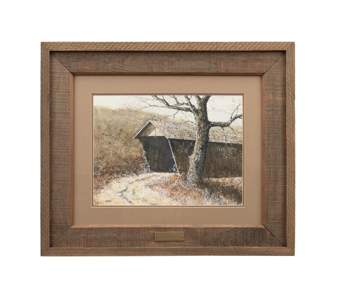 AMER. SCHOOL, 'THE COVERED BRIDGE', 1977, GOUACHE: American School, 20th century. "The Covered Bridge" - 1977, gouache and watercolor on paper, signed "Proctor" to LL, tag from Carolina Conservation, Irmo, SC affixed to verso. Provenance: Estate of Sc