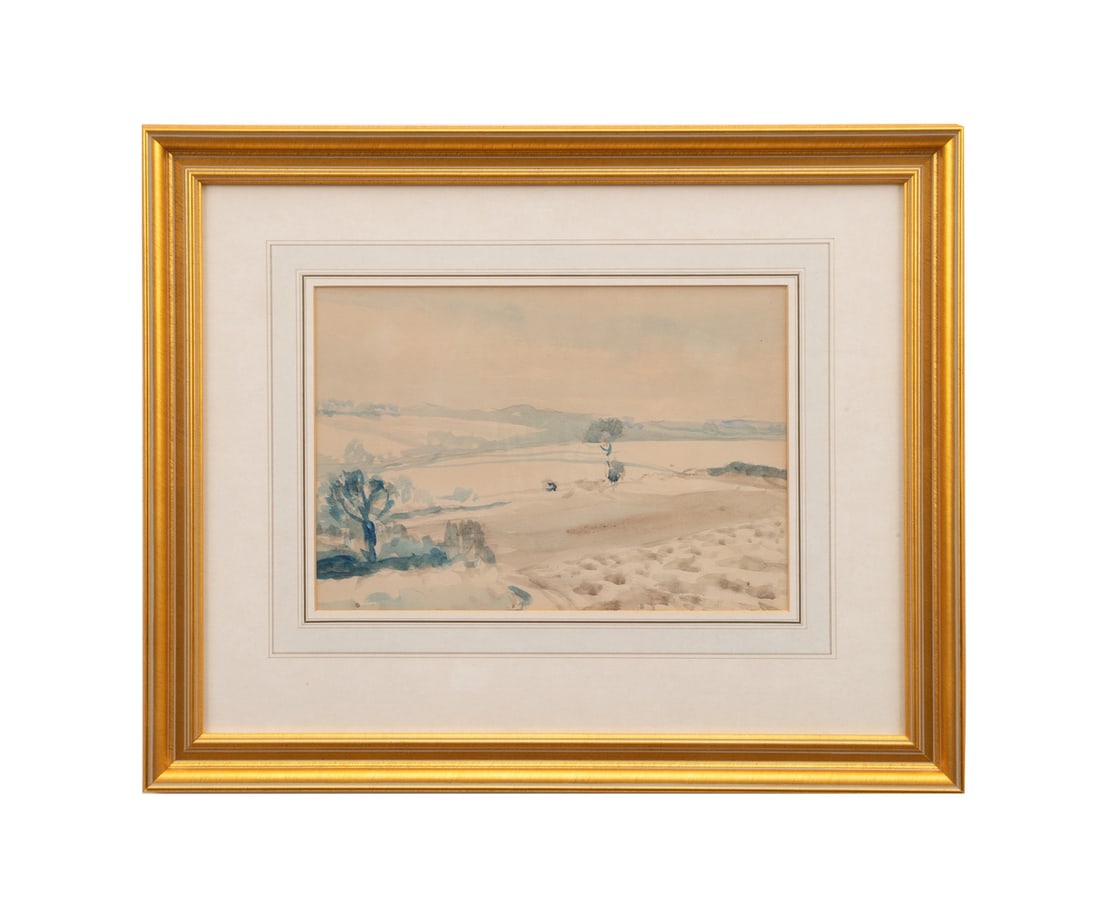 PHILIP WILSON STEER, 'SNOWY LANDSCAPE' WATERCOLOR: Philip Wilson Steer (English, 1860-1942). "Snowy Landscape" - late 19th / early 20th century, watercolor on paper, apparently unsigned, dealer?s label to verso for "RJP" Robert J. Perham, Fine Paintin
