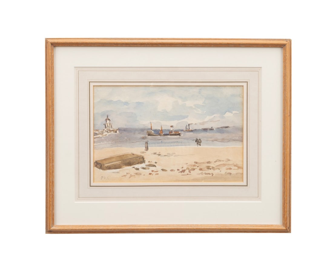 PHILIP WILSON STEER, 'HARWICH', BEACH WATERCOLOR: Philip Wilson Steer (English, 1860-1942). "Harwich" - late 19th / early 20th century, watercolor on paper, signed "PWS" to LL, dealer?s label to verso for "RJP" Robert J. Perham, Fine Paintings, Brist