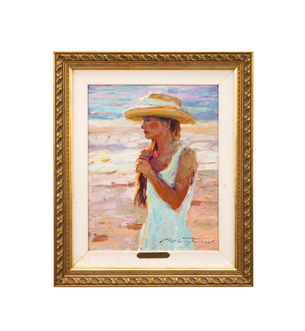 BARRY THOMAS, 'CONTEMPLATION' FIGURAL OIL PAINTING: Barry Thomas (American, born 1961). "Contemplation", oil on canvas, signed to LR, signed and titled to verso. Framed. Approximate dimensions: board h. 17.875", w. 14"; frame h. 25", w. 21", d. 1.625"