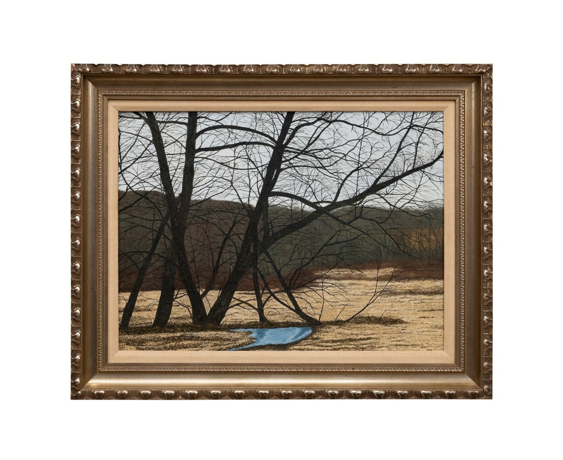 WINTER LANDSCAPE WITH SMALL CREEK, OIL ON CANVAS: American School, late 20th / early 21st century. Untitled - Winter Landscape with Small Creek, oil on canvas, signed "Robertson" to LL. Framed. Provenance: Private Collection of J. Wesley Jones, Siste