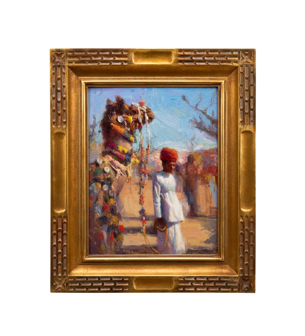 SUSAN LYON, 'DANCING CAMEL CONTEST', 2007, O/B: Susan Lyon (American (North Carolina), born 1969). "Dancing Camel Contest, Nagaur Desert Festival, India" - 2007, oil on board, signed "Lyon" to LR, gallery labels for The Sylvan Gallery, Charleston,