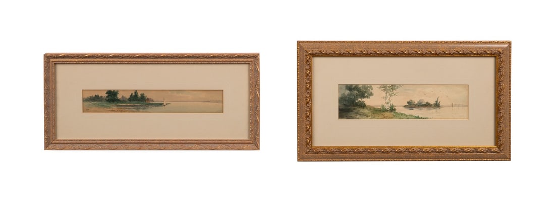 PAIR OF FRAMED ENGLISH PANORAMIC WATERCOLORS: English School, late 19th / early 20th century. Pair of panoramic watercolor landscapes, watercolor on paper, one signed "Hasson" to LL and the other signed illegibly to LL. Framed. Provenance: The Es