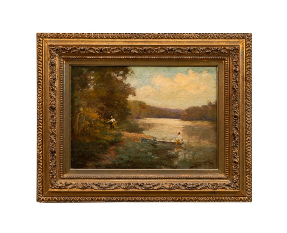 LEON LIPPERT, LANDSCAPE W FIGURES ON RIVER, 1908: Leon Lippert (German-American, 1863-1947). Untitled - Impressionist style landscape painting depicting a man gathering flowers on shore - 1908, oil on canvas, signed "Leon Lippert" and dated to LR. Fr