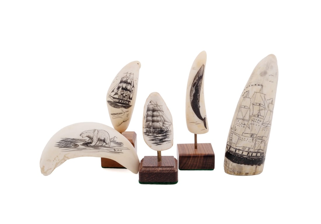 FIVE CARVED SCRIMSHAW ITEMS, THREE WITH STANDS (1 of 18)