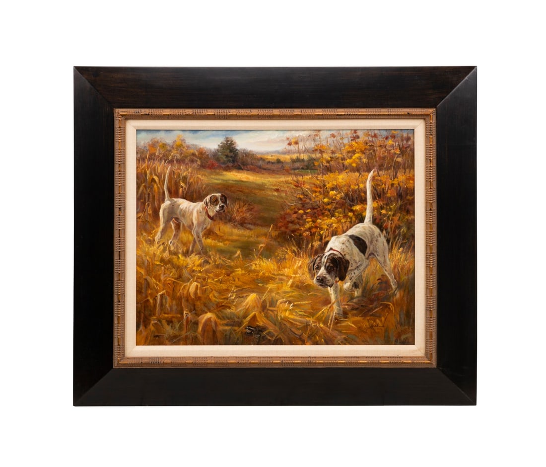 HELEN NASH, 'ROUGH & READY' SPORTING DOGS OIL: Helen Nash (American (Tennessee), 20th century). "Rough and Ready" - 2005, oil on canvas, signed and dated to LR. Framed. Note: Jon and LJ are the portrait sitters. Provenance: Private Collection, Atl
