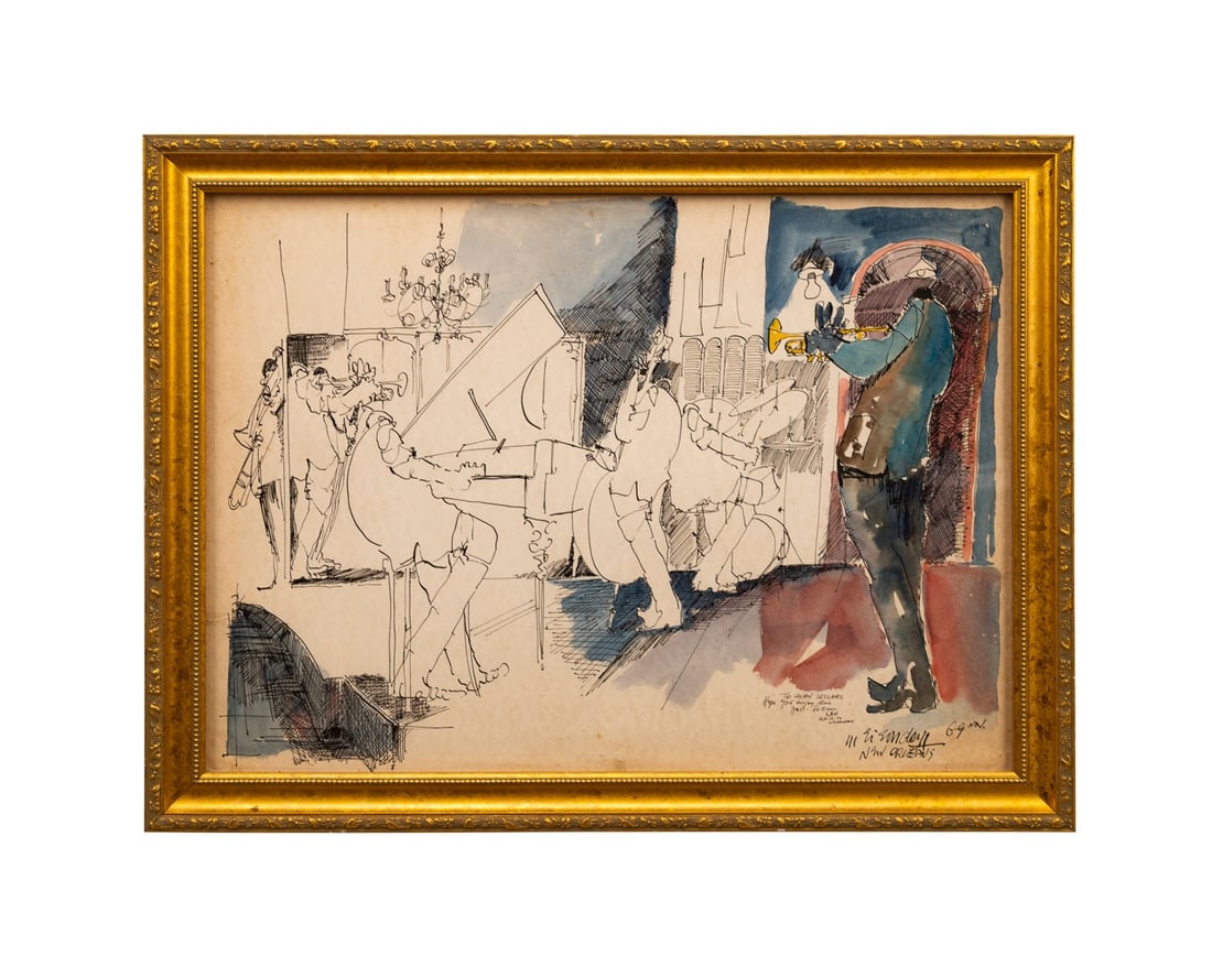 LEO MEIERSDORFF, JAZZ SESSION, 1969, W/C: Leo Meiersdorff (German-American, 1934-1994). Untitled - Jazz Session - 1969, watercolor and ink on paper, signed "Meiersdorff", dated, and inscribed with artist's personal note to LR. Framed. Provena