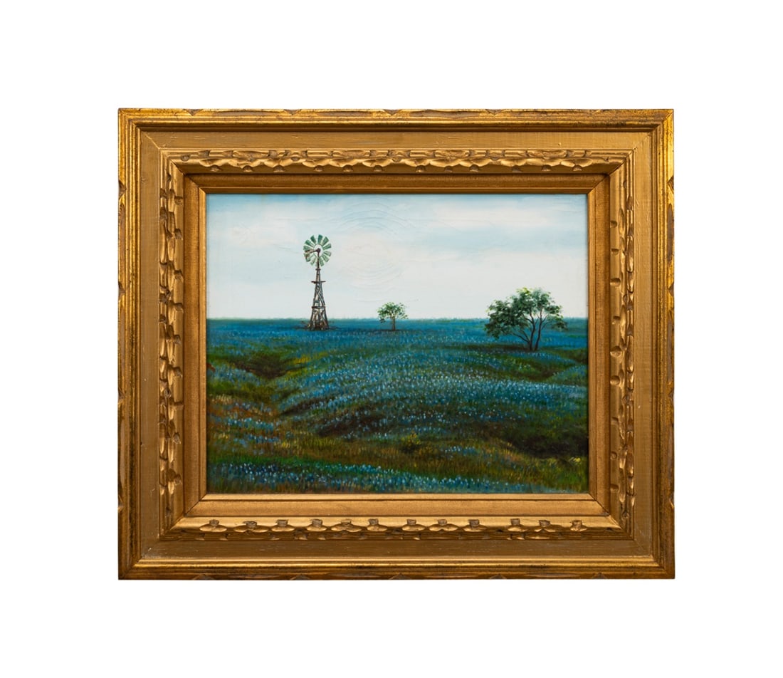 FIELD OF TEXAS BLUEBONNETS WITH WINDMILL, O/C: American School, 20th century. Untitled - Field of Texas Bluebonnets with Windmill, oil on canvas, apparently unsigned. Framed. Approximate dimensions: canvas h. 16.125", w. 20.125"; frame h. 24.25",