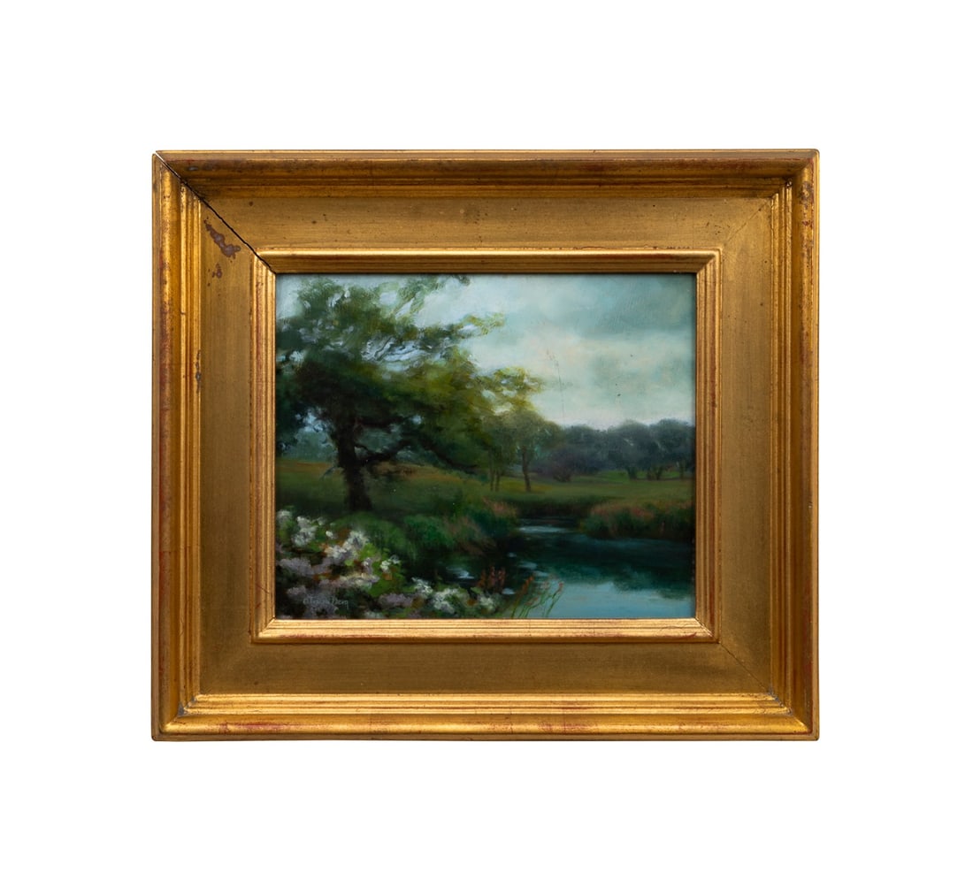 TRICIA BERG, 'AFTER A SUMMER RAIN', OIL ON BOARD: Tricia Berg (American, born 1952). "After a Summer Rain", oil on masonite board, signed "Tricia Berg" to LL, titled and signed to verso, gallery label for Breckenridge Gallery, Breckenridge, CO to ver