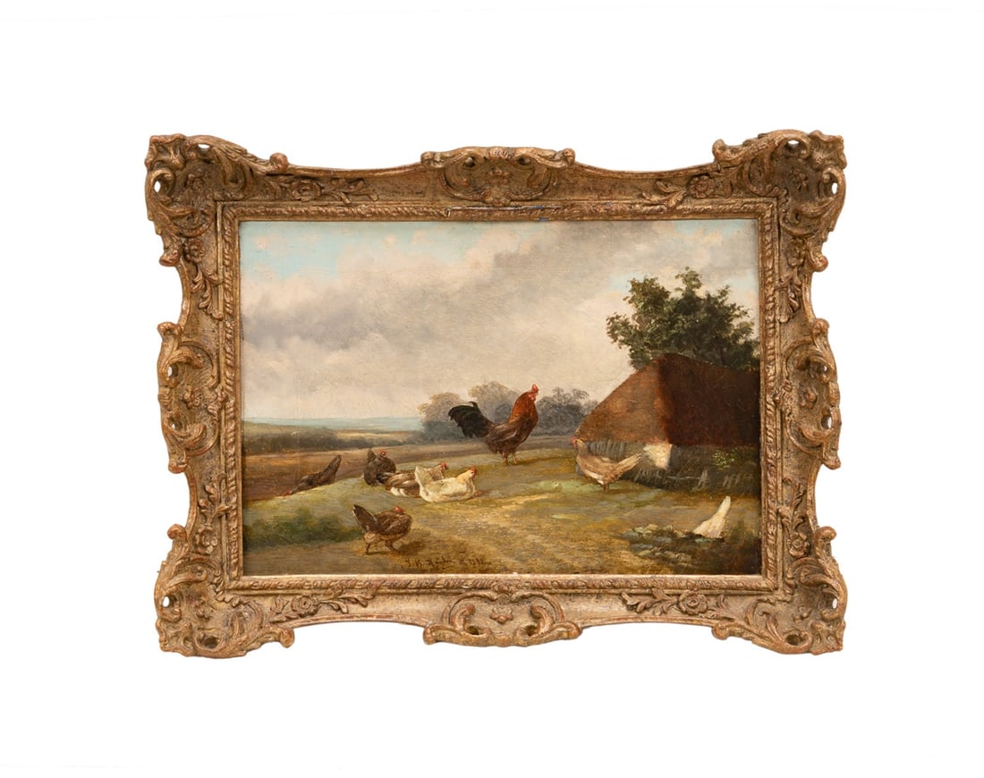 ENG. SCHOOL, CHICKENS IN LANDSCAPE, 1881, O/C: English School, 19th century. "Chickens In An Expansive Landscape" - 1881, oil on canvas, signed "J. B. Houton" to lower edge, dealer?s label to verso for "RJP" Robert J. Perham, Fine Paintings, Brist