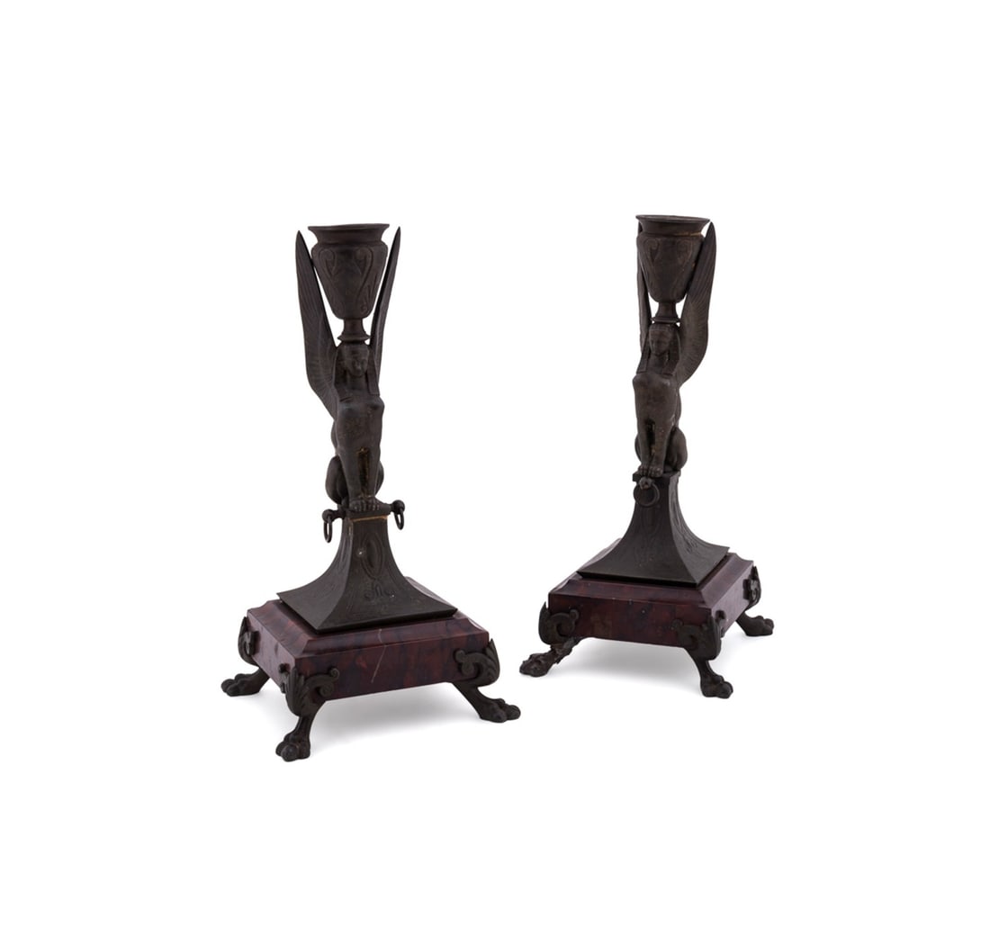 PAIR OF EGYPTIAN REVIVAL SPHINX MOTIF CANDLESTICKS (1 of 8)