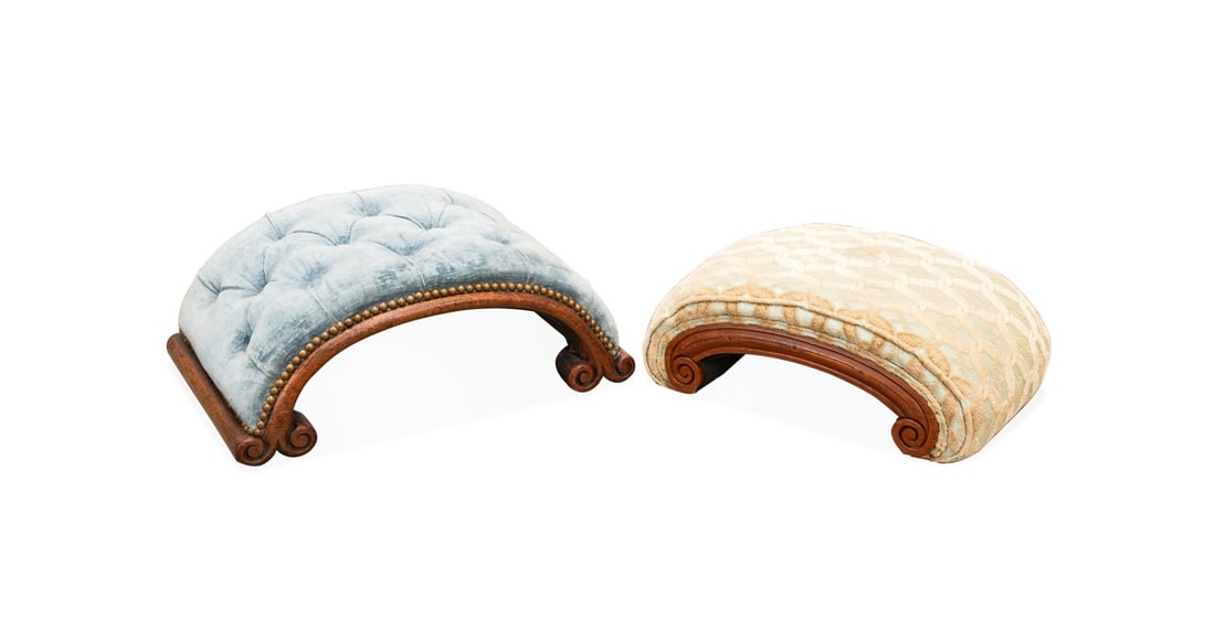 TWO ENGLISH PETITE UPHOLSTERED CURVED FOOT STOOLS (1 of 7)