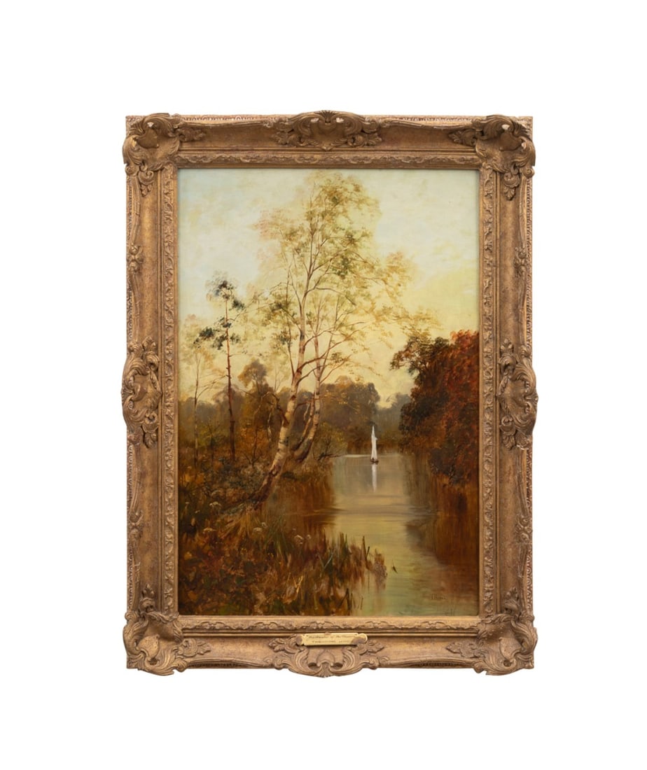 T. HINES, 'BACKWATER OF THE SEVERN', 19TH C., O/C: Theodore Hines (English, active 1876-1889). "Backwater of the Severn" - late 19th century, oil on canvas, signed "T Hines" to LR. Framed. Provenance: Estate of Scott Hudgens and Jacqueline Casey Hudge
