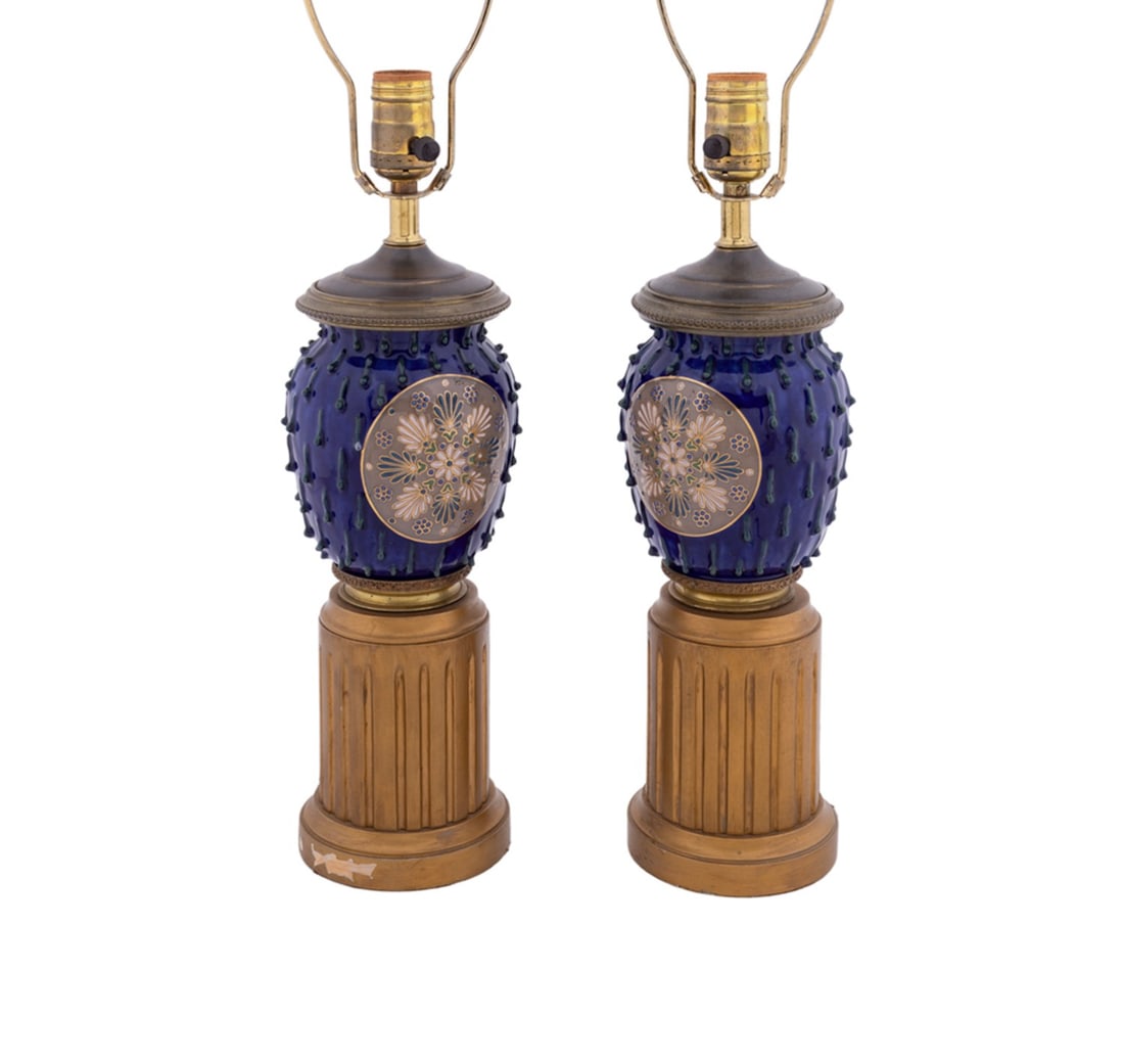 PAIR, FLORAL MOTIF PORCELAIN LAMPS, MINTON STYLE (1 of 6)