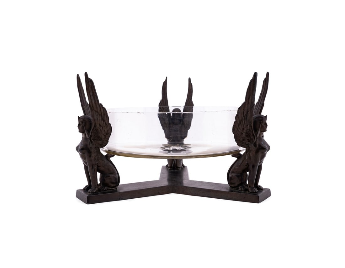 EGYPTIAN REVIVAL SPELTER & GLASS BOWL CENTERPIECE (1 of 10)