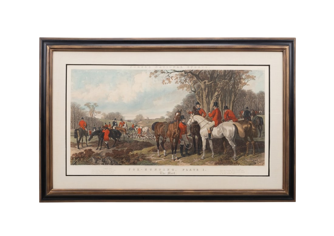 AFTER HERRING, FOX HUNTING AQUATINT, 1852: After John Frederick Herring, Sr. (English, 1795-1865) engraved by John Harris III (English, 1811-1865). "Fox Hunting, Plate 1: The Meet" from Fores's National Sports series - 1852, aquatint with hand