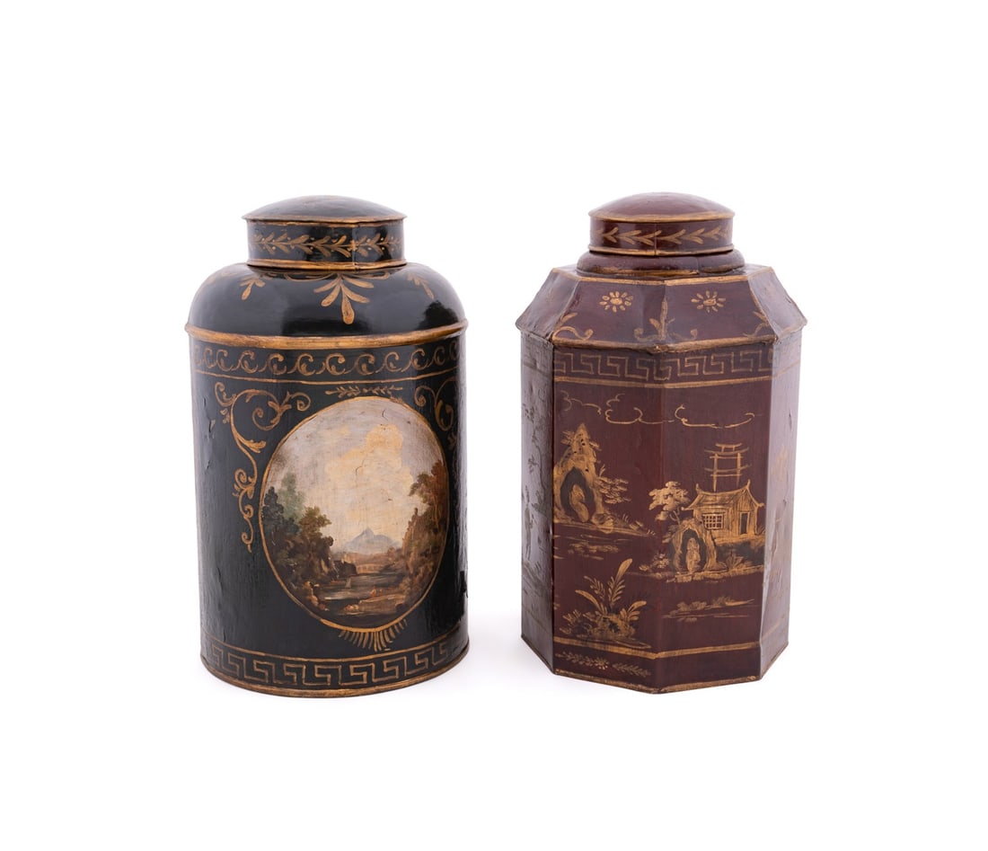 TWO ENGLISH TOLE PAINTED TEA CANISTERS (1 of 8)