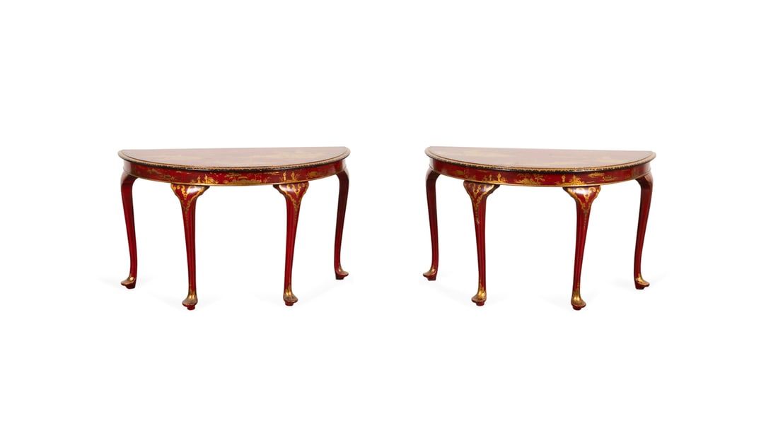 PAIR OF RED CHINOISERIE DEMILUNE CONSOLE TABLES (1 of 6)