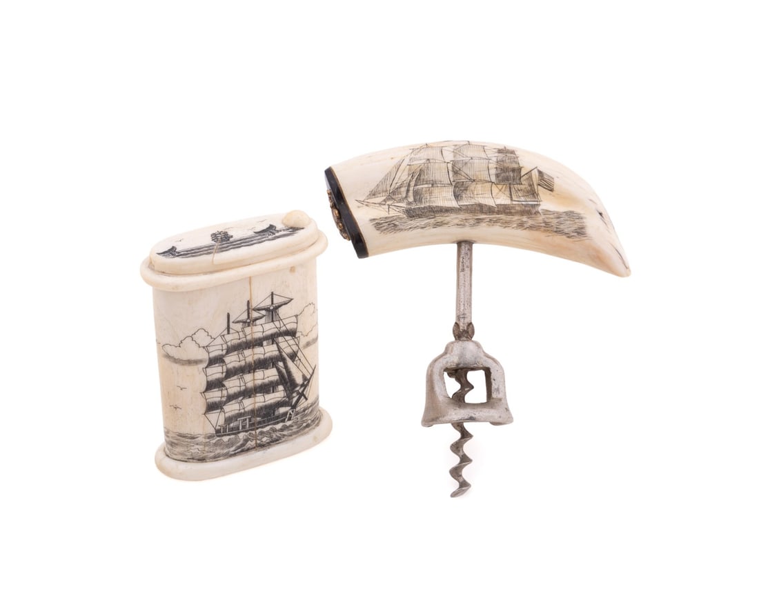 2 PCS SCRIMSHAWED BOX AND WHALE TOOTH CORKSCREW: Two scrimshaw objects, 19th-early 20th century. A whalebone puzzle box with the top cover depicting a schooner and two whales with their tails breaching, the sliding under-cover features a well-execut