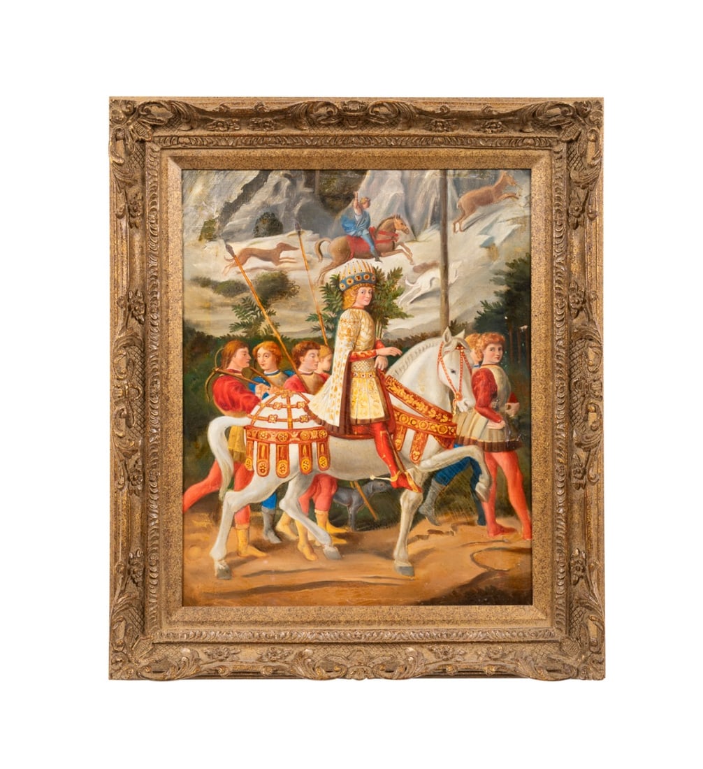 MEDICI PALACE MURAL 19TH/20TH C. AFTER GOZZOLI: After Benozzo Gozzoli (Italian, 1420-1497). Detail of "Procession of the Youngest King, Caspar" on the east wall of the Magi Chapel in the Medici Palace - late 19th / early 20th century (original pain