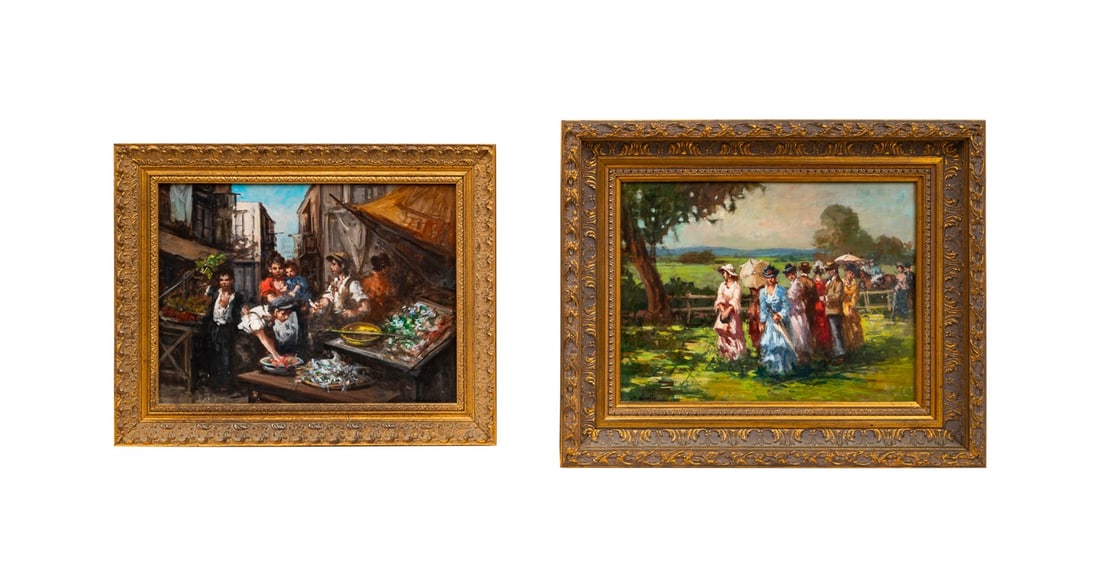 MARIA LIBERTI, TWO OIL ON PANEL PAINTINGS, SIGNED: Maria Liberti (Italian, born 1948). Two paintings - Women Promenading in a Landscape and Market Scene, oil on panel, signed "M Liberti" to LL (Women Promenading) and to LR (Market Scene), certificates