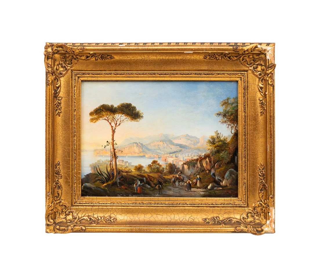 FRANCESCO FERGOLA, VIEW OF THE GULF OF NAPLES 1840: Francesco Fergola (Italian, 1791-1845). Untitled - View of the Gulf of Naples - 1840, oil on canvas, signed "F. Fergola" and dated to LR. Framed. Approximate dimensions: canvas h. 11", w. 16"; frame h