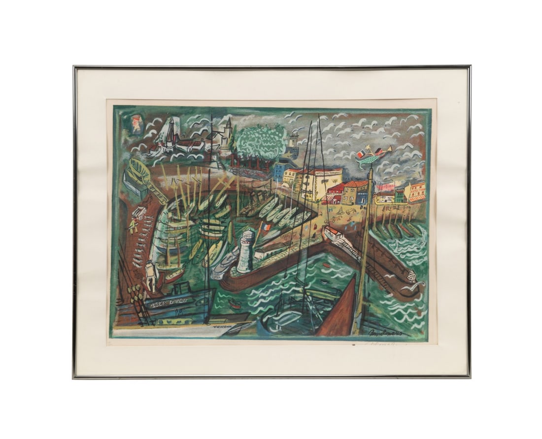 LUDWIG BEMELMANS, 'ILE D'YEU' SIGNED LITHOGRAPH: Ludwig Bemelmans (Austrian-American, 1898-1962). "Ile D'Yeu" from his book "The Best of Times: An Account of Europe Revisited" - color lithograph on paper, signed in plate and signed in pencil "Bemelm