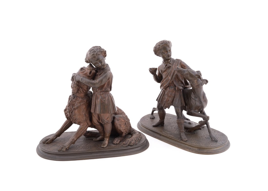 MAURICE LE BLANC, 2 FIGURES OF CHILDREN WITH DOGS: Maurice Le Blanc (French, 19th - 20th century). Untitled - Two Children With Dogs - late 19th century, bronze, both signed in mold to the underside of the bases. Provenance: The Estate of Edward and M