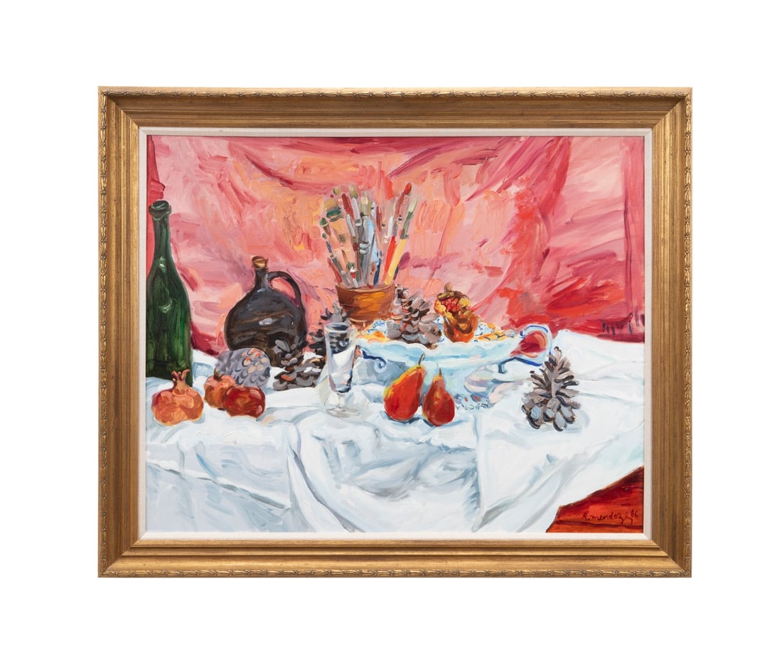 ROBERT MENDOZE, 'POMMES DE PIN...', 1984, O/C: Robert Mendoze (French, 1930-2014). "Pommes de Pin, grenades et Poires" (Pine Cones, Pomegranates, and Pears) - 1984, oil on canvas, signed "R. Mendoze" and dated to LR, titled on stretcher. Framed. P