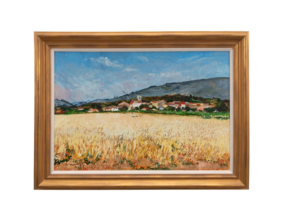 ROBERT MENDOZE, 'BLES AU VOL DE PIGEONS' 1989, O/C: Robert Mendoze (French, 1930-2014). "Bles au vol de pigeons" - 1989, oil on canvas, signed "R. Mendoze" and dated to LL, titled on stretcher, collection label to verso. Framed. Provenance: Estate of S