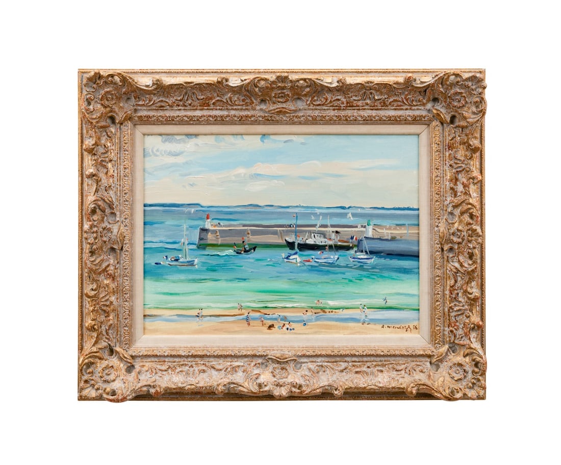 ROBERT MENDOZE, 'PORT MARIA...' 1986 OIL SEASCAPE: Robert Mendoze (French, 1930-2014). "Port Maria Quiberon (Morbihan)" - 1986, oil on canvas, signed "R. Mendoze" and dated to LR, titled to stretcher, dealer's label to verso for "RJP" Robert J. Perham