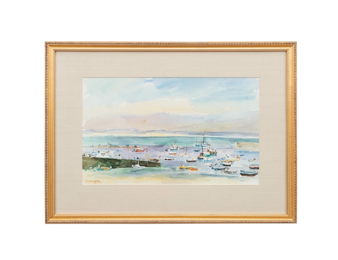 ROBERT MENDOZE, BOATS SEEN FROM BEACH, 1993, W/C: Robert Mendoze (French, 1930-2014). Untitled - Seascape - 1993, watercolor on paper, signed "R Mendoze" and dated to LL, tag from Carolina Conservation, Irmo, SC affixed to verso. Framed. Provenance: