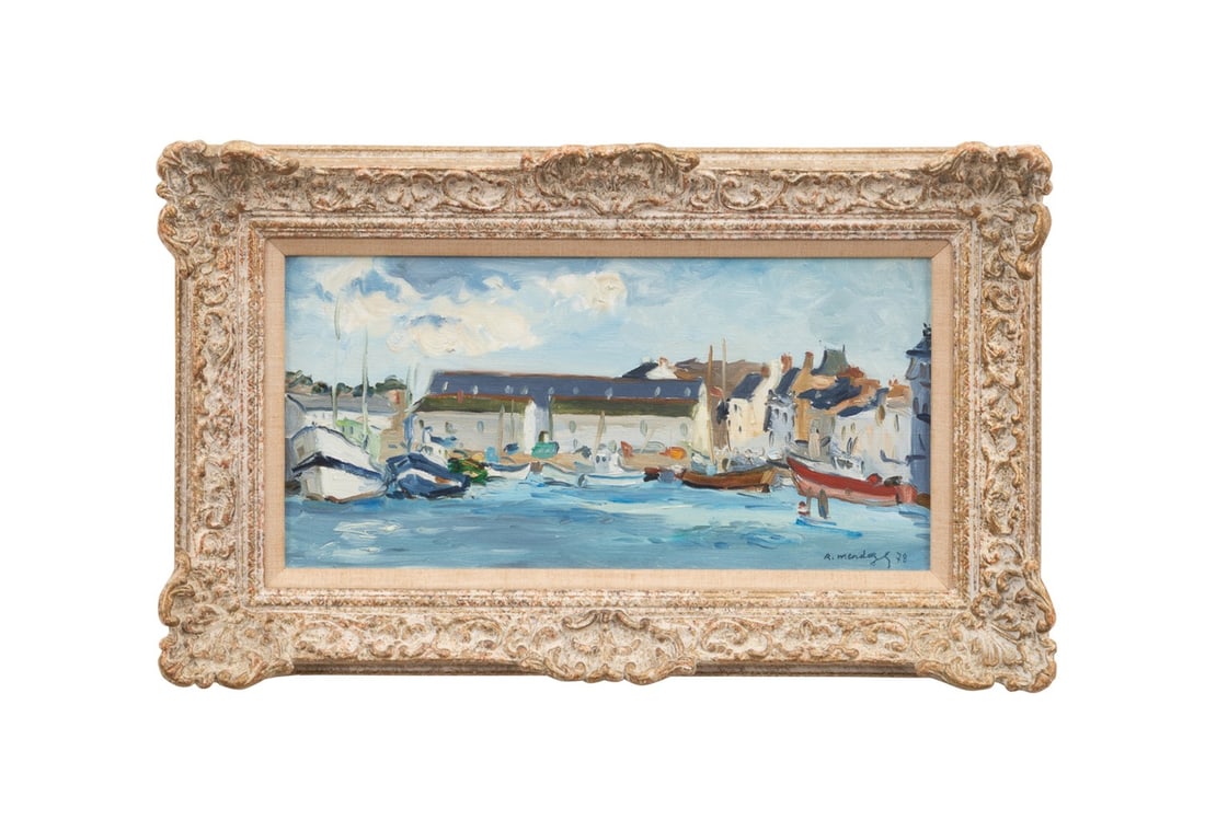 ROBERT MENDOZE, 'PORT DU CROISIC', 1978, O/C: Robert Mendoze (French, 1930-2014). "Port du Croisic" - 1978, oil on canvas, signed "R. Mendoze" and dated to LR, titled to stretcher, dealer's label to verso for "RJP" Robert J. Perham, Fine Painting