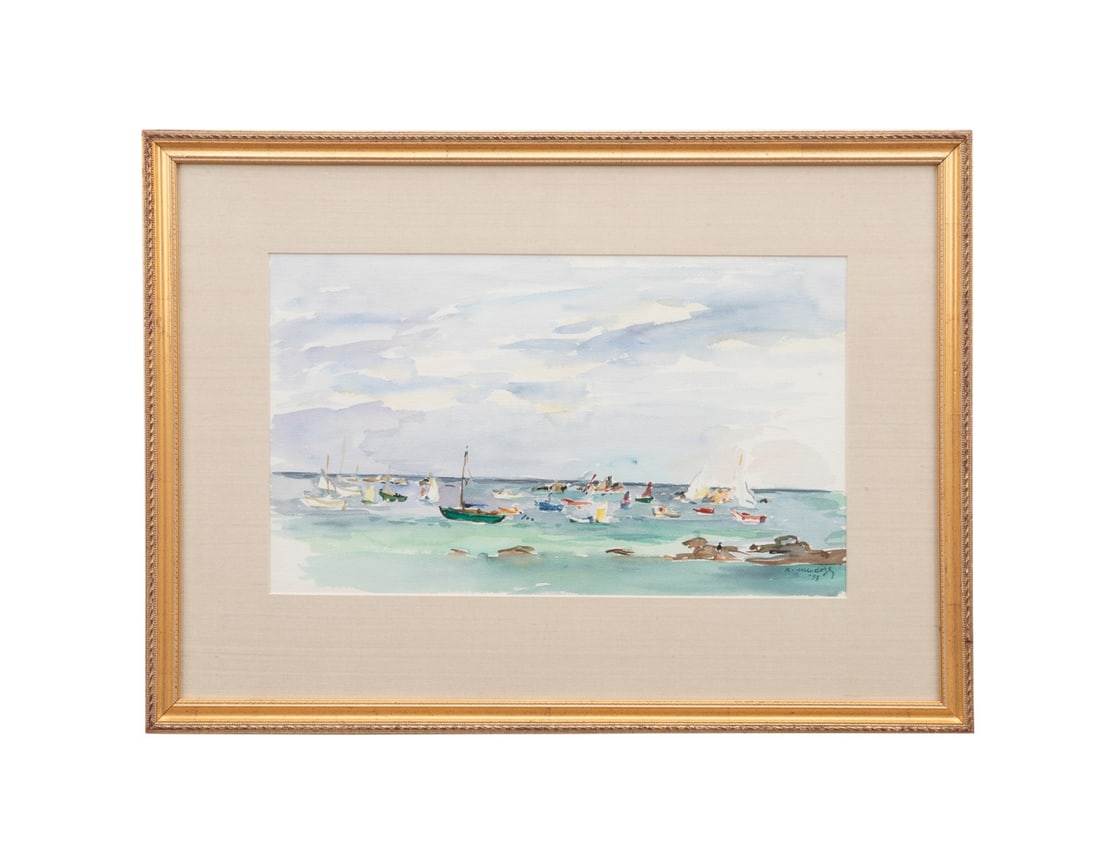 ROBERT MENDOZE, BOATING ON A SUNNY DAY, 1993, W/C: Robert Mendoze (French, 1930-2014). Untitled (Seascape) - 1993, boating on a sunny day near the shore, watercolor on paper, signed "R Mendoze" and dated to LR. Framed. Provenance: Estate of Scott Hudg