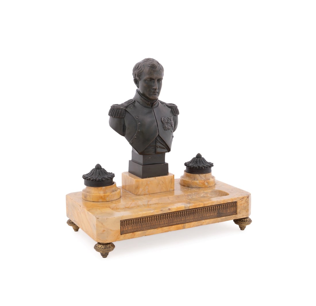19TH C. NAPOLEON BRONZE & SIENNA MARBLE ENCRIER: French or Italian, 19th century. Grand Tour patinated and gilt bronze Sienna marble encrier or inkstand, having a bust of Napoleon flanked by single inkwells, pen tray, and rising on toupie feet, "904