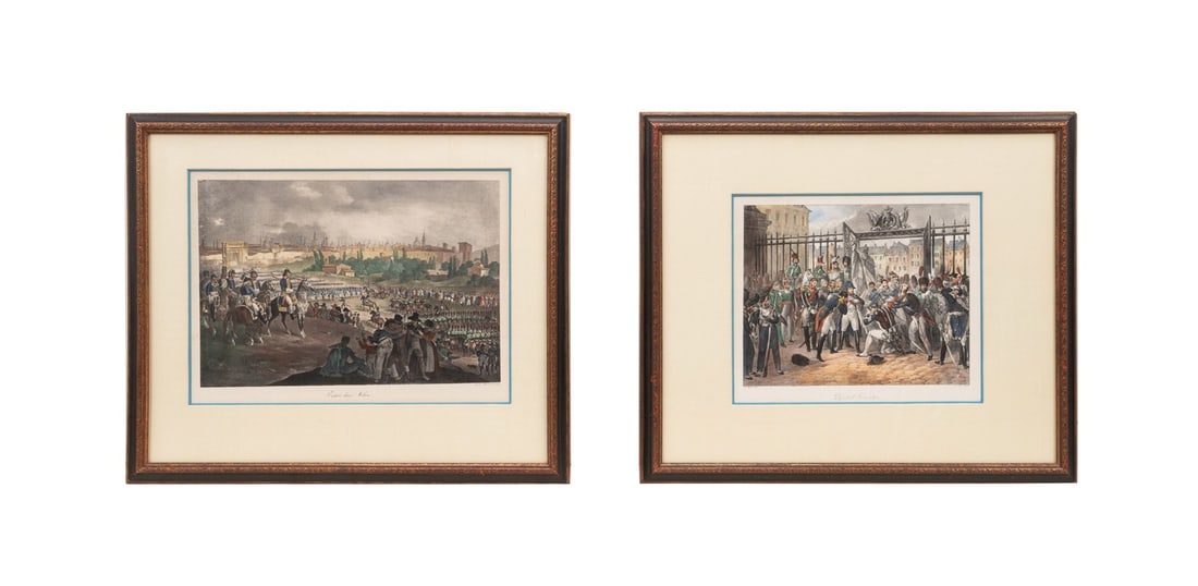 PAIR OF NAPOLEONIC WAR LITHOGRAPHS, CHARLES MOTTE: Pair of 19th century Napoleonic lithographs, after Jean Victor Adam (French, 1801-1866) engraved by Charles Etienne Pierre Motte (French, 1785-1836). "Depart de Fontainebleau" (Departure from Fontaine