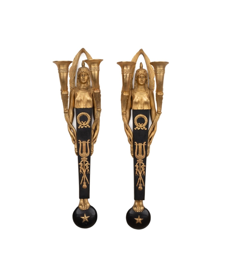PAIR OF EMPIRE STYLE SCONCES, AFTER CLAUDE GALLE: After a design by Claude Galle (French, 1759-1815) for the Chateau de Compiegne, late 20th century to early 21st century. Pair of patinated gilt bronze 2-light candle sconces in the Empire taste, each