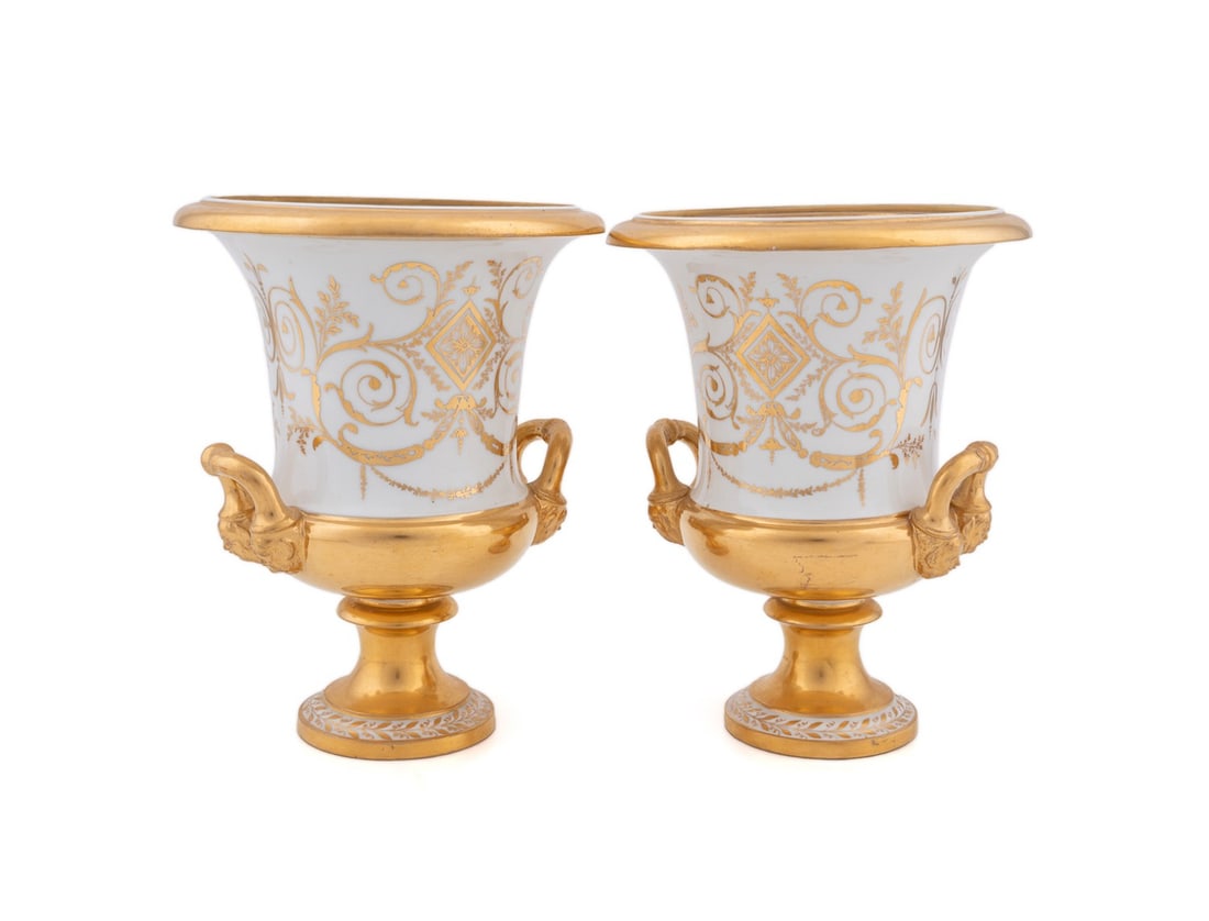 PAIR OF PARIS PORCELAIN GILT AND WHITE URNS (1 of 8)