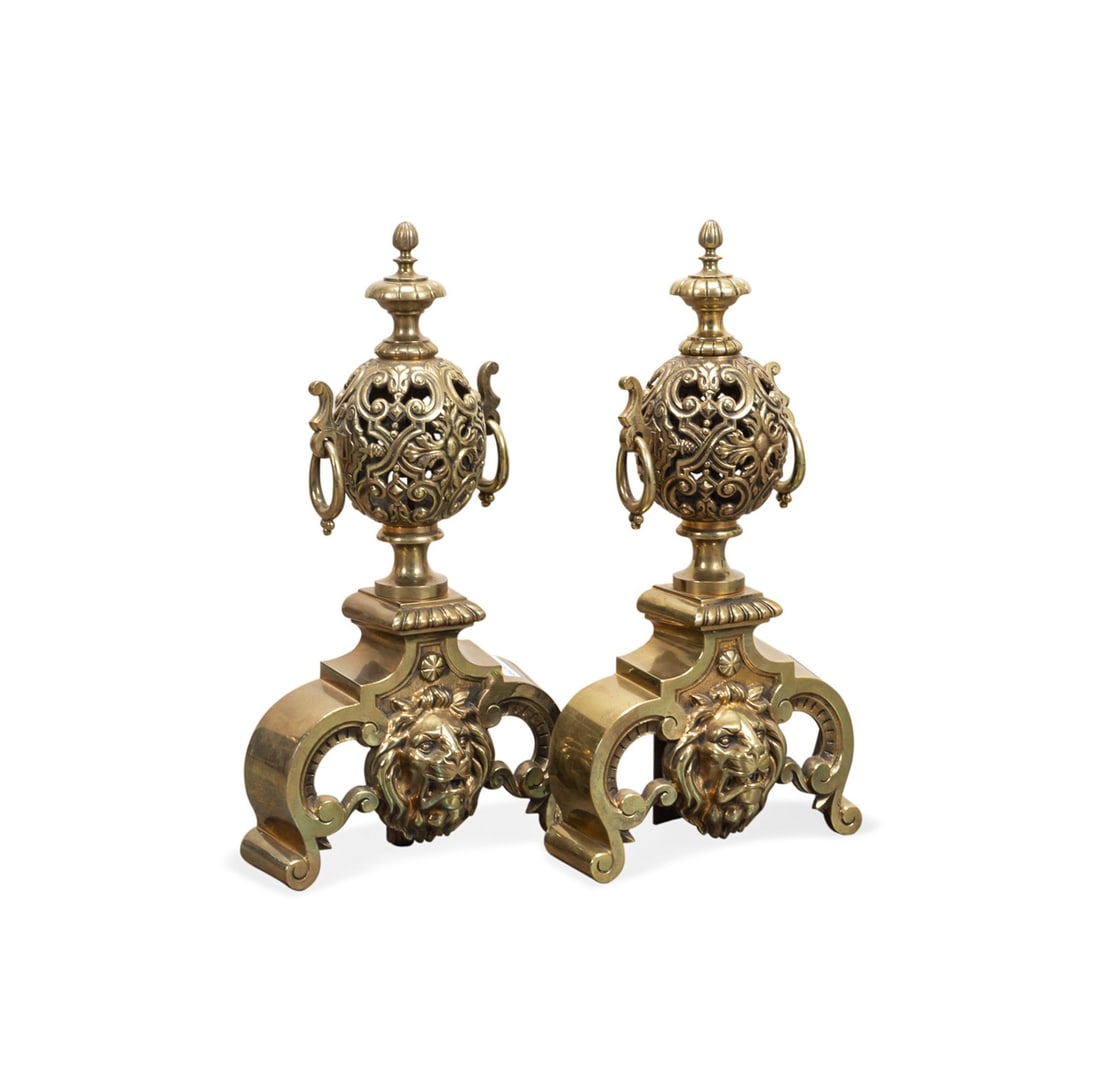 PAIR OF BAROQUE LION'S HEAD MOTIF ANDIRONS, 20TH C (1 of 5)
