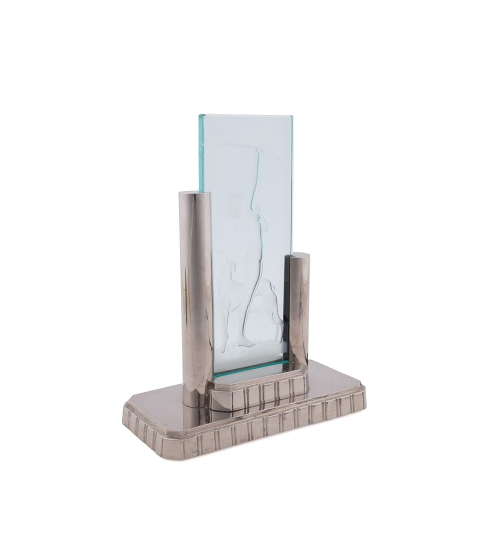 TRISTAN ZERBIB FOR SOFAR, ART DECO STYLE LAMP: Tristan Zerbib (French, born 1976) for Sofar Atelier (French, founded 1961), early 21st century. Nickel plated night light or accent lamp in the Art Deco taste, having an intaglio cut image of Diana w