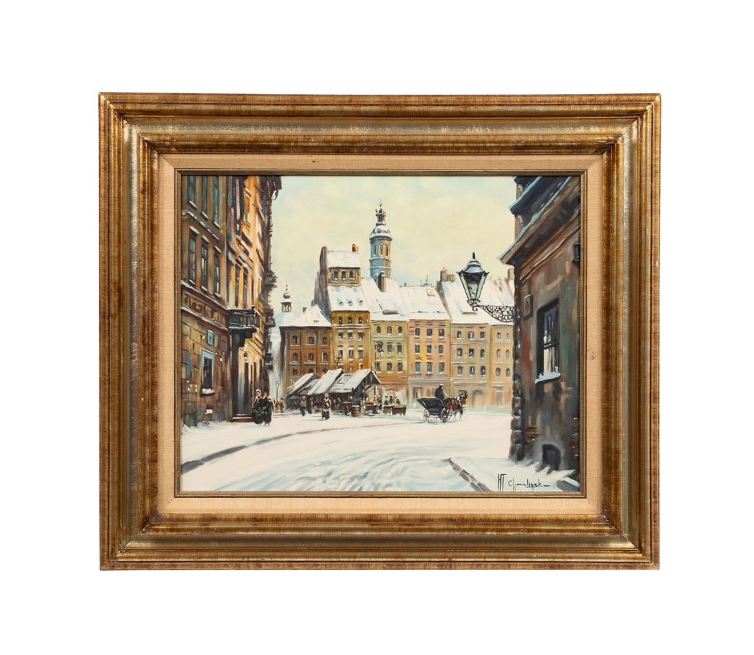 W. T. CHMIELINSKI, WINTER STREET SCENE, O/C: Wladyslaw Chmielinski (Polish, 1911-1979). Untitled - Winter Street Scene - oil on canvas, signed "WT Chmielinski" to LR. Framed. Provenance: Private Collection of Susan Winner, Atlanta, GA. Approxima