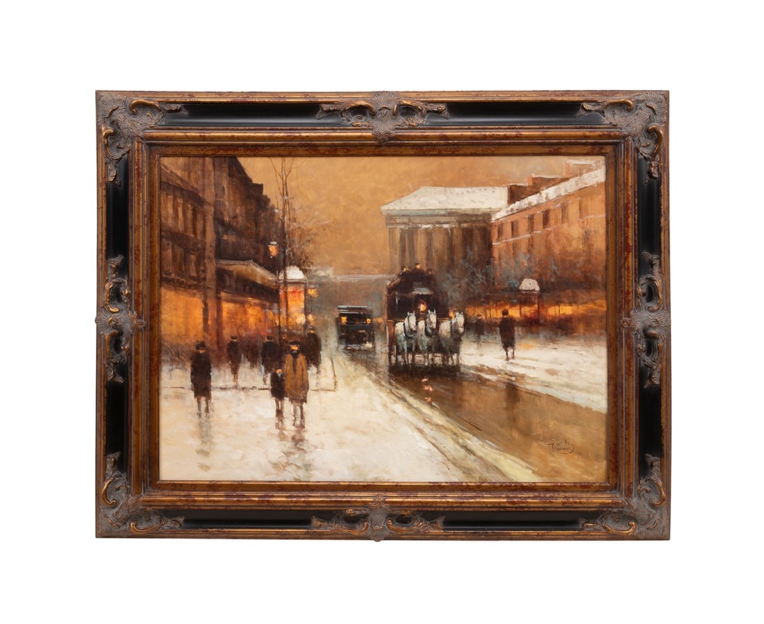 VLADIMIR NASONOV, 'FIRST SNOW IN THE CITY', 1999: Vladimir Nasonov (Russian, born 1962). "First Snow in the City" - 1999, oil on canvas, signed "Nasonov" to LR. Framed. Provenance: Private Collection, Atlanta, GA. Approximate dimensions: canvas h. 30
