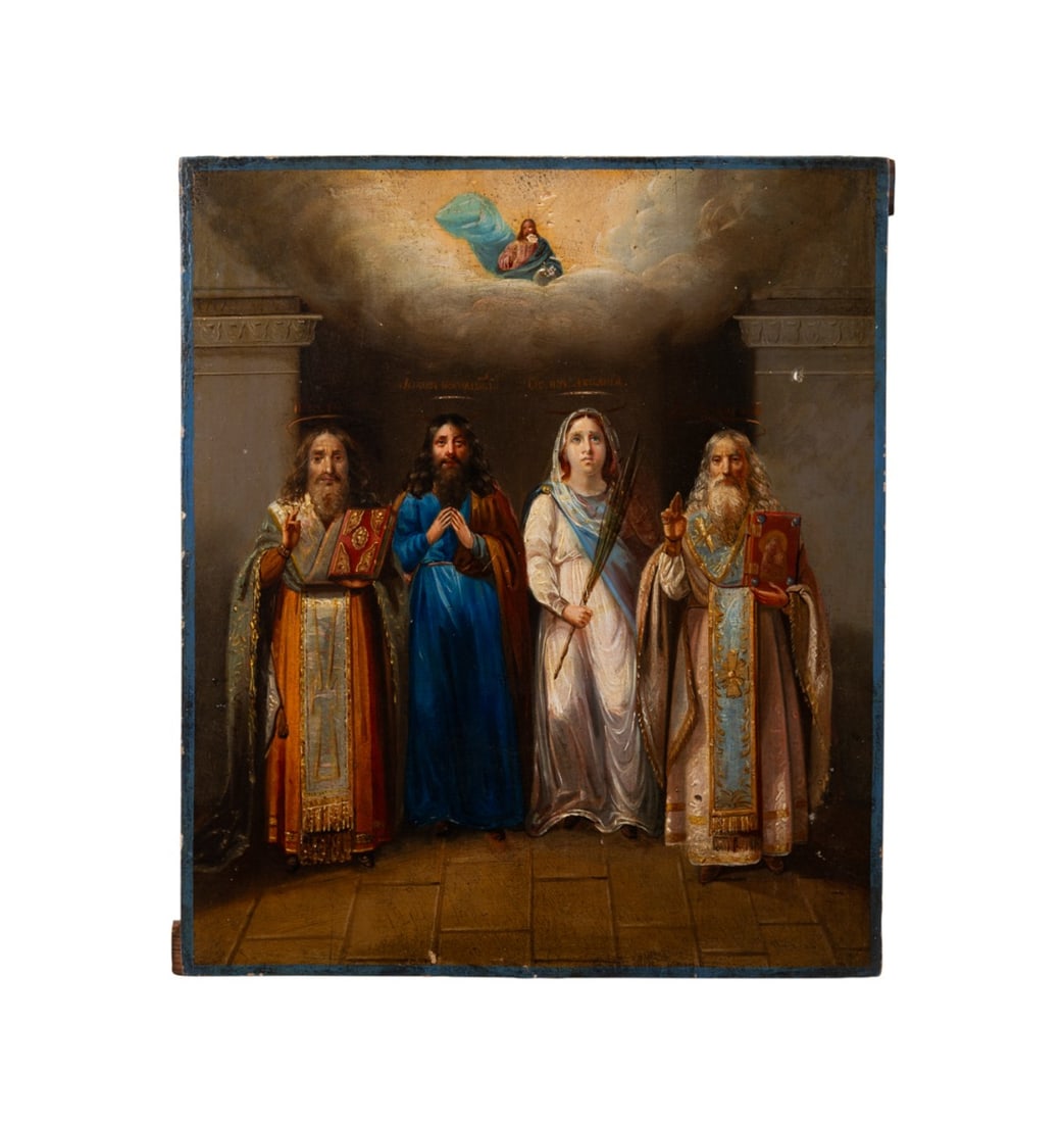 19TH C. RUSSIAN ORTHODOX ICON, 4 SAINTS, O/B: Russian, 19th century. Russian Orthodox icon of Saint Simon, Saint Jacob, Saint Aquilina, and Saint Grigory, oil on board, apparently unsigned, labels with saint names affixed to verso. Unframed. Prov