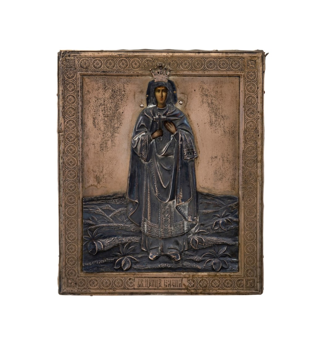 19TH C. RUSSIAN ICON, SAINT EMPRESS HELENA: Russian, 19th century. Russian Orthodox "Saint Empress Helena of Constantinople" icon, tempera on wood with silver riza / oklad, inscribed in Church Slavonic to lower margin, marked with partially ill