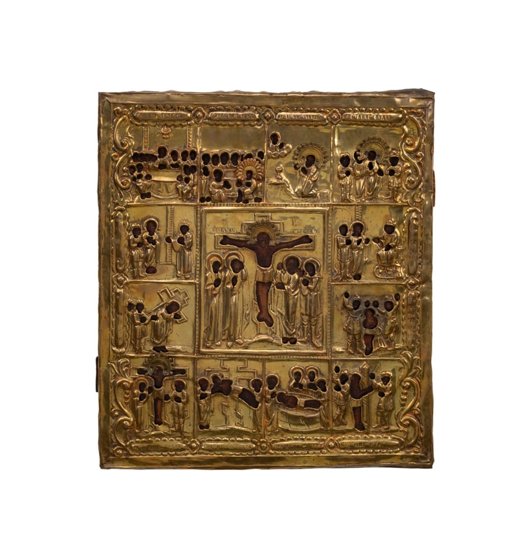 18TH C. RUSSIAN ORTHODOX THE CRUCIFIXION ICON: Russian, likely 18th century. Russian Orthodox "The Crucifixion" icon, gesso and egg tempera on wooden panel, having 12 multiple narrative sequential scenes of Christ's Passion, stamped brass riza or