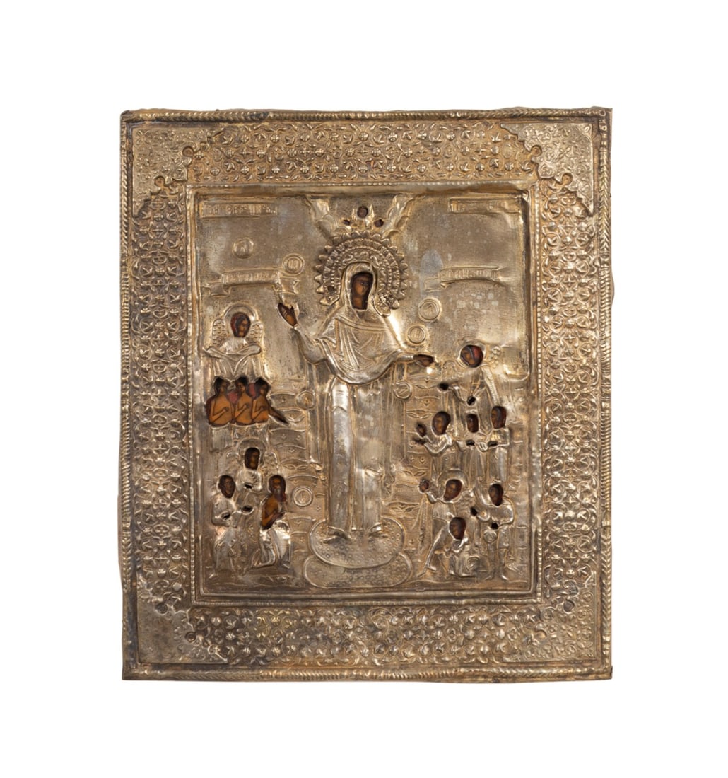 19TH C. RUSSIAN MOTHER OF GOD ICON: Russian, 19th century. Russian Orthodox The Mother of God "The Joy of All Who Sorrow" icon, egg tempera on wooden panel, with metal riza or oklad with Church Slavonic. Provenance: The Estate of Edward