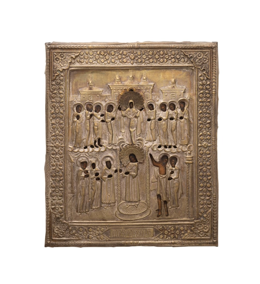 19TH C. RUSSIAN ORTHODOX INTERCESSION ICON: Russian, 19th century. Russian Orthodox "The Intercession of the Theotokos" icon, egg tempera on wooden board, with metal riza / oklad with Church Slavonic. Provenance: The Estate of Edward and Mary E