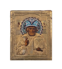 ICON OF ST. NICHOLAS OF MYRA WITH CLOISONNE RIZA