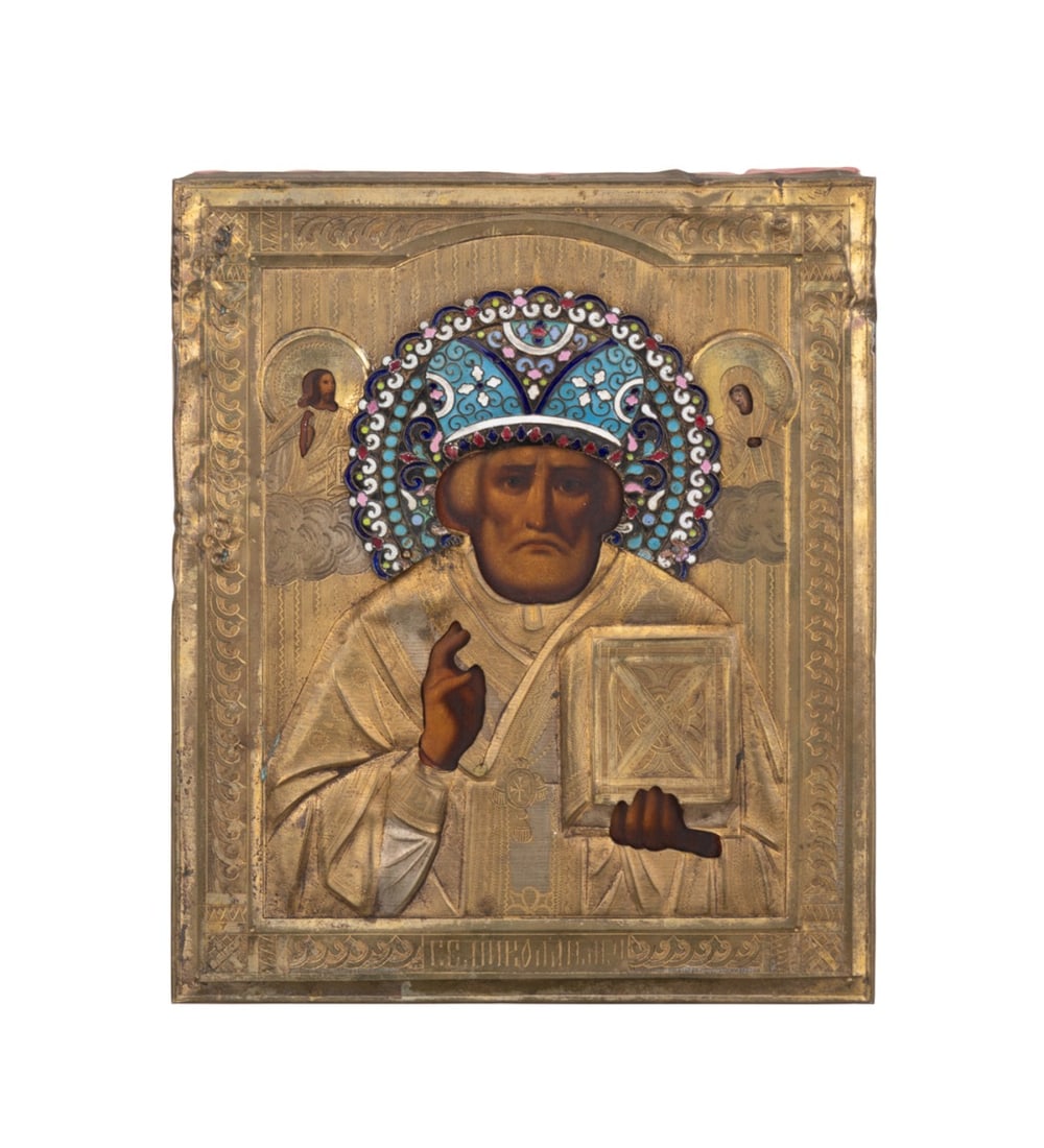 ICON OF ST. NICHOLAS OF MYRA WITH CLOISONNE RIZA (1 of 5)