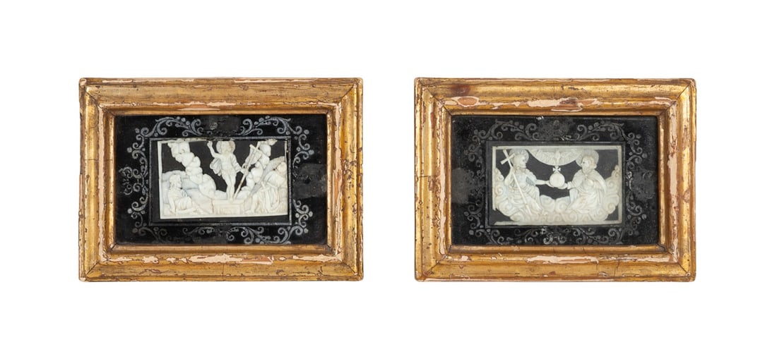 TWO CONTINENTAL CARVED BONE RELIGIOUS SCENES: Continental, likely German, 19th century or earlier. Pair of carved bone religious depicting the Holy Trinity with the Father, Son, and Holy Spirit, and the Resurrection of Christ, the Holy Trinity pl